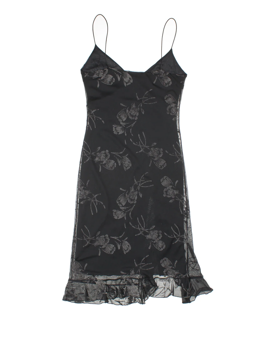 Vintage Y2K Floral Midi Dress in black colourway, with frill hemline and sheer overlay.