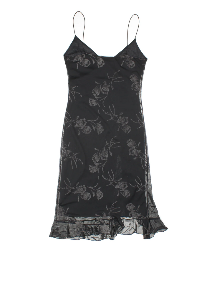 Vintage Y2K Floral Midi Dress in black colourway, with frill hemline and sheer overlay.