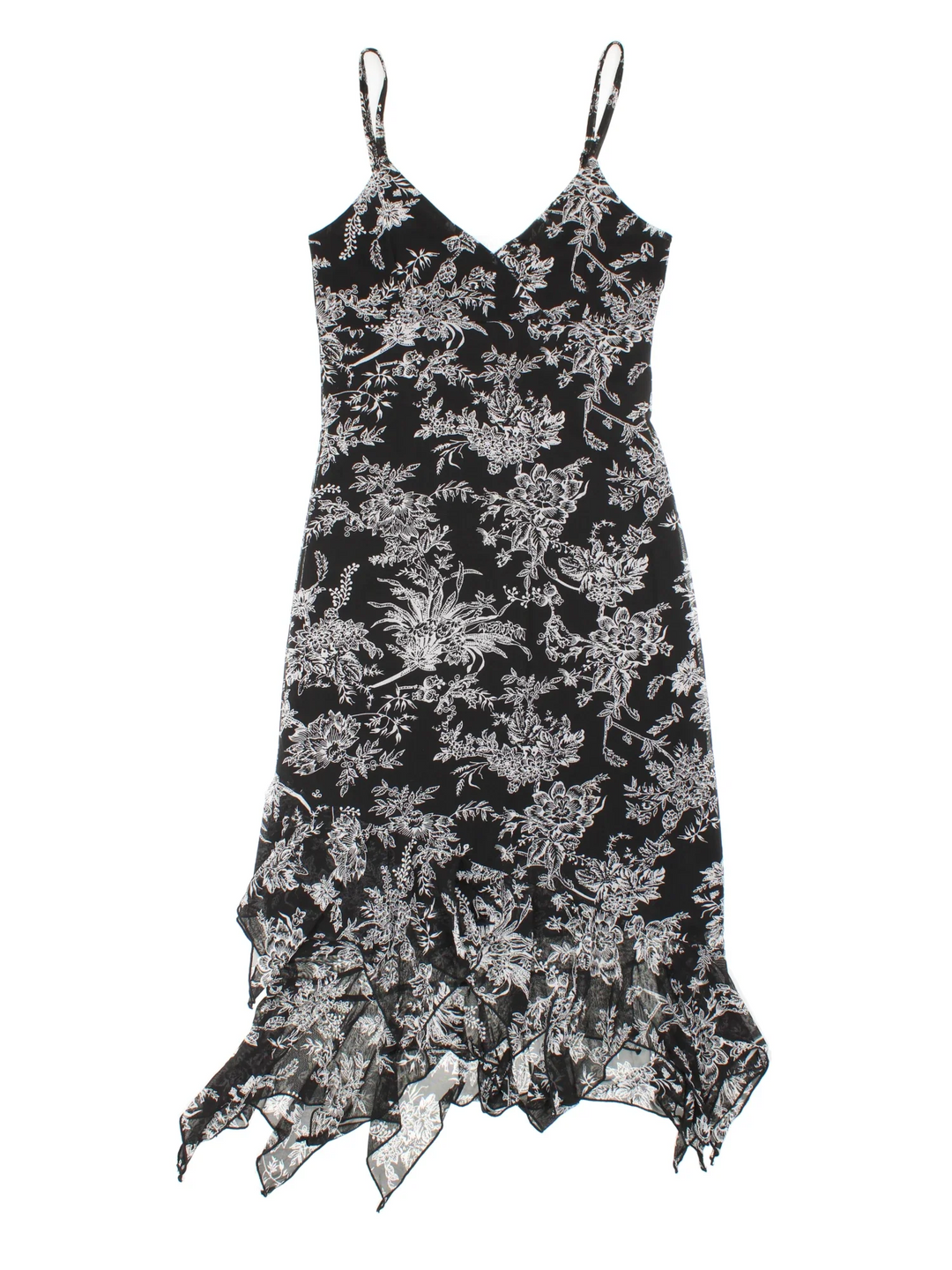 Vintage Y2K Floral Midi Dress in black/white colourway, with frill hemline and sheer, printed detail overlay.