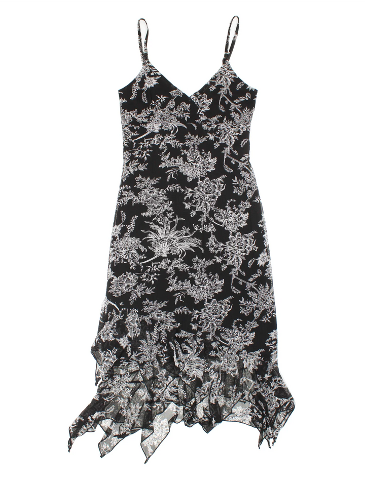 Vintage Y2K Floral Midi Dress in black/white colourway, with frill hemline and sheer, printed detail overlay.