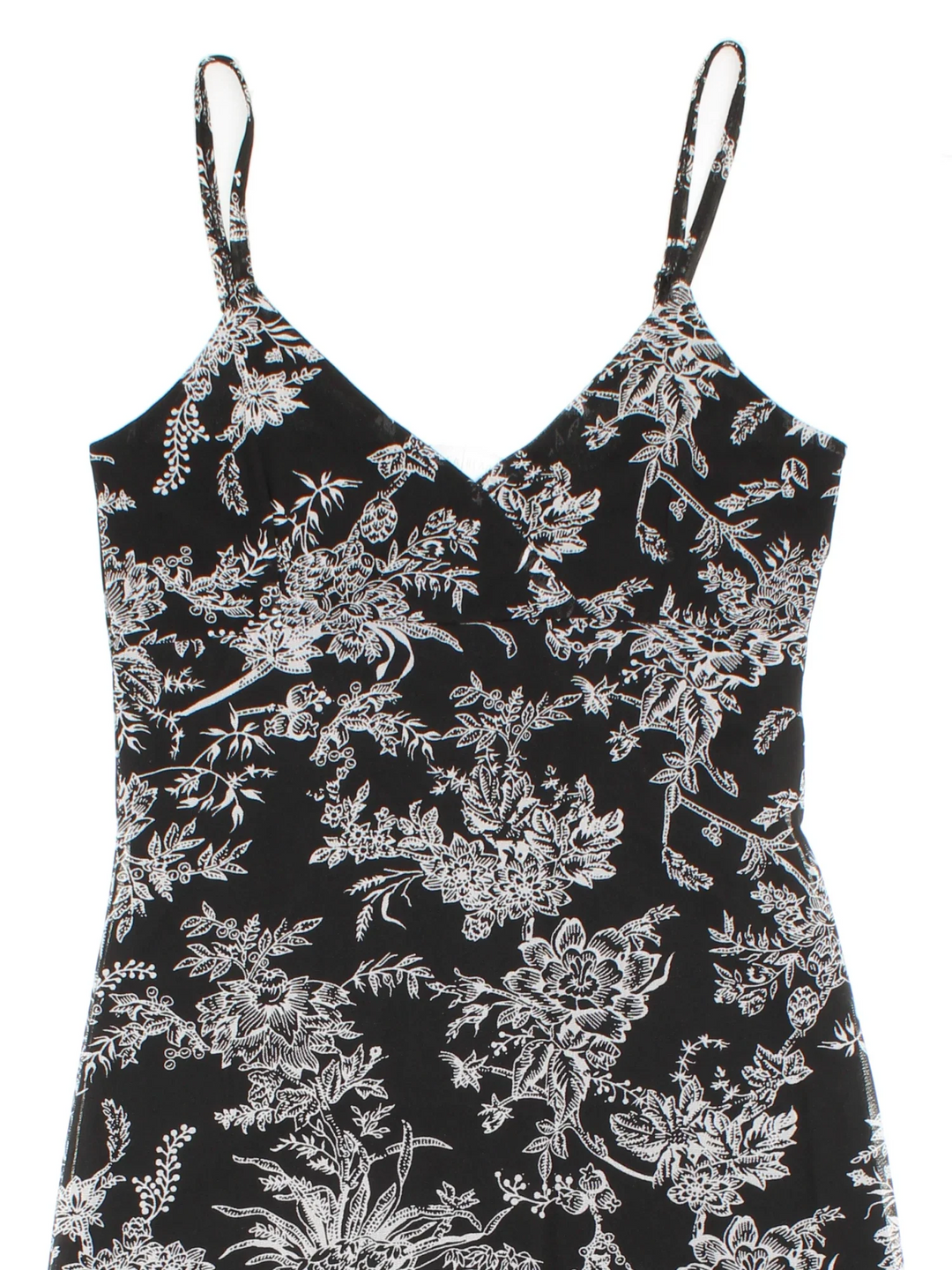 Vintage Y2K Floral Midi Dress in black/white colourway, with frill hemline and sheer, printed detail overlay.