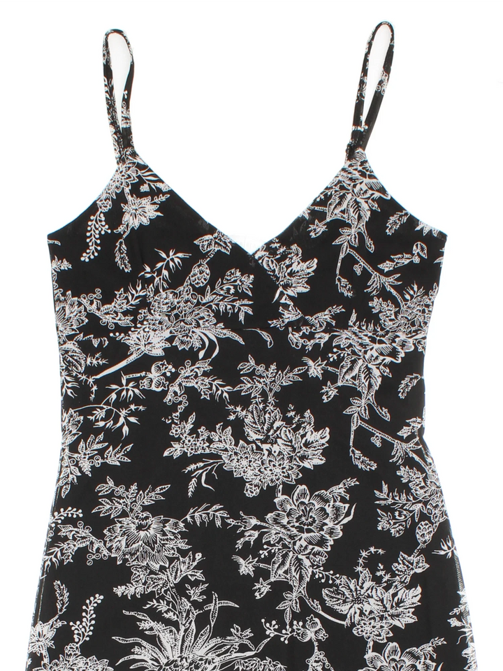 Vintage Y2K Floral Midi Dress in black/white colourway, with frill hemline and sheer, printed detail overlay.