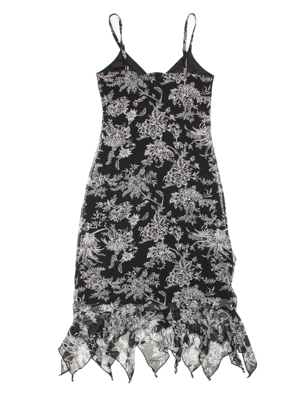 Vintage Y2K Floral Midi Dress in black/white colourway, with frill hemline and sheer, printed detail overlay.