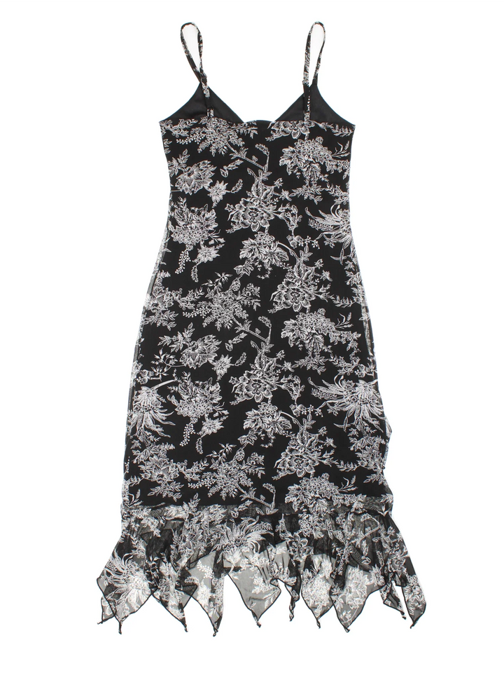 Vintage Y2K Floral Midi Dress in black/white colourway, with frill hemline and sheer, printed detail overlay.