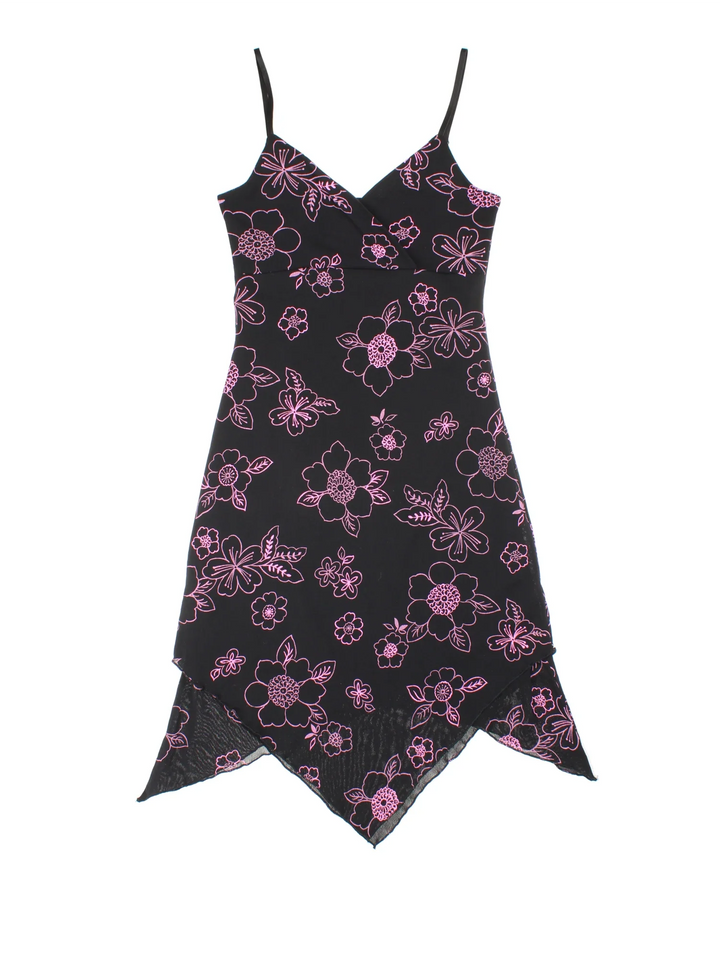 Vintage Y2K Floral Midi Dress in black/pink colourway, with handkerchief hemline and all over printed pattern.