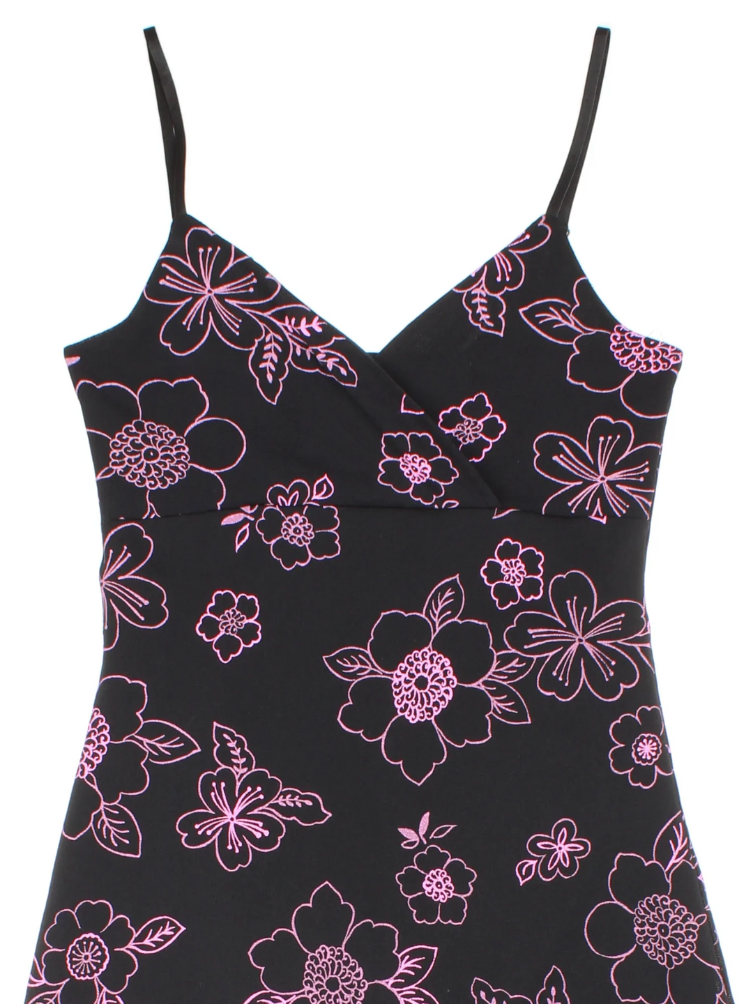 Vintage Y2K Floral Midi Dress in black/pink colourway, with handkerchief hemline and all over printed pattern.
