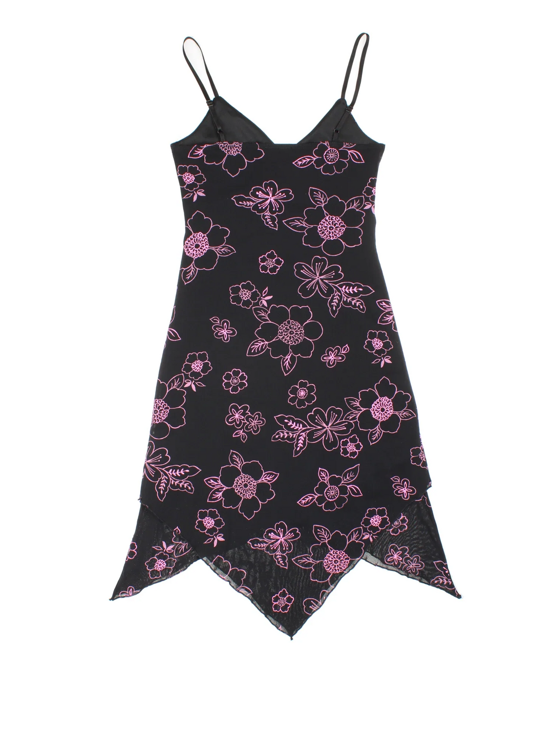 Vintage Y2K Floral Midi Dress in black/pink colourway, with handkerchief hemline and all over printed pattern.