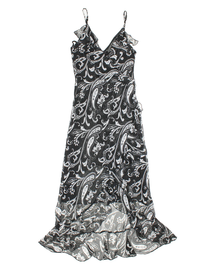 Vintage Y2K Floral Maxi Dress in black/white colourway, with frill hemline and sheer printed overlay.