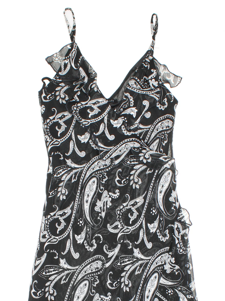 Vintage Y2K Floral Maxi Dress in black/white colourway, with frill hemline and sheer printed overlay.