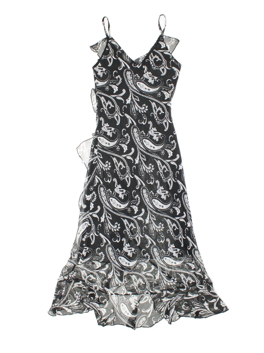 Vintage Y2K Floral Maxi Dress in black/white colourway, with frill hemline and sheer printed overlay.