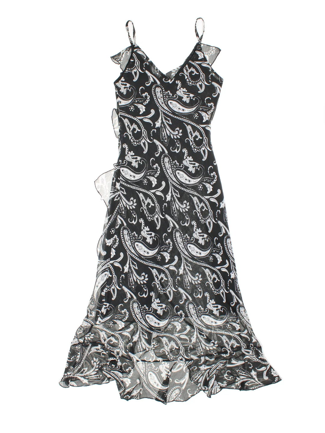 Vintage Y2K Floral Maxi Dress in black/white colourway, with frill hemline and sheer printed overlay.