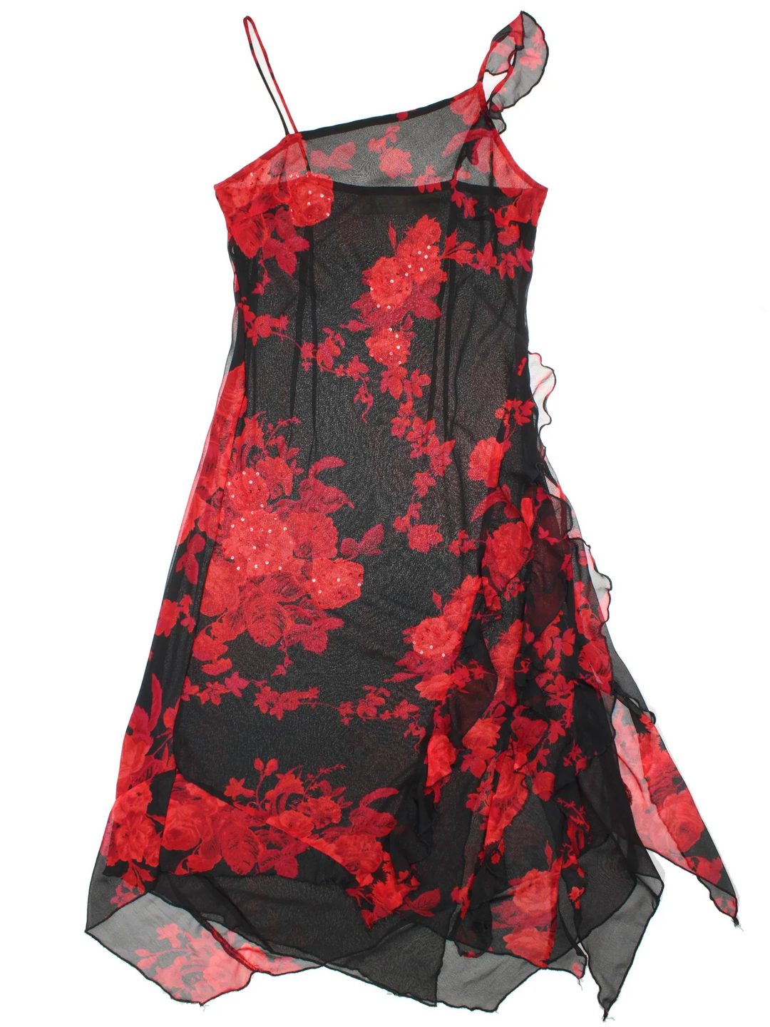 Vintage Y2K Floral Maxi Dress in black/red colourway, with asymmetrical
 hemline and sheer printed overlay.
