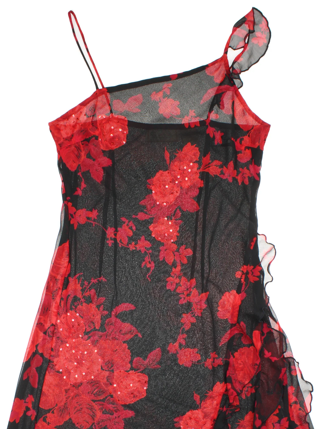 Vintage Y2K Floral Maxi Dress in black/red colourway, with asymmetrical
 hemline and sheer printed overlay.