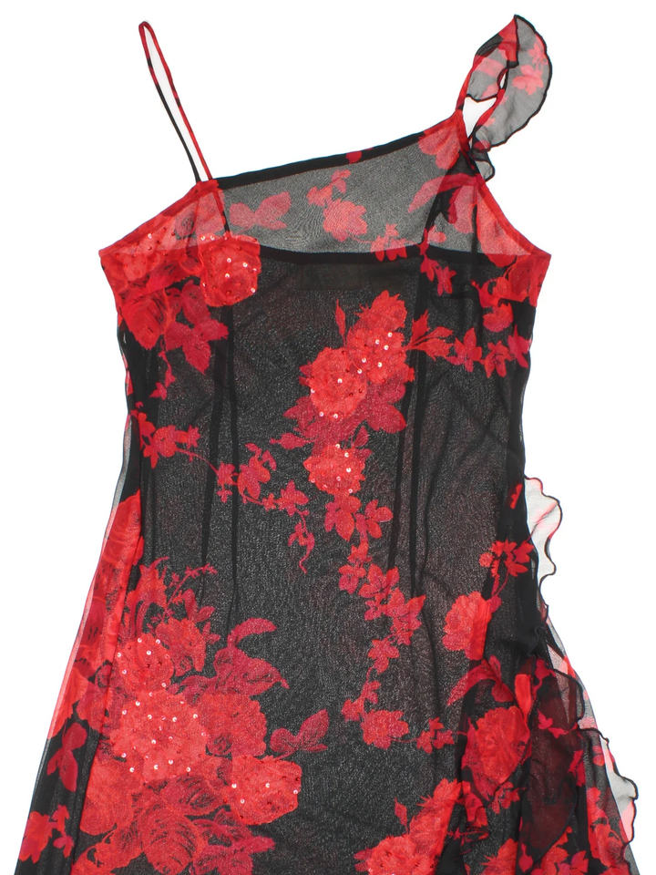 Vintage Y2K Floral Maxi Dress in black/red colourway, with asymmetrical
 hemline and sheer printed overlay.