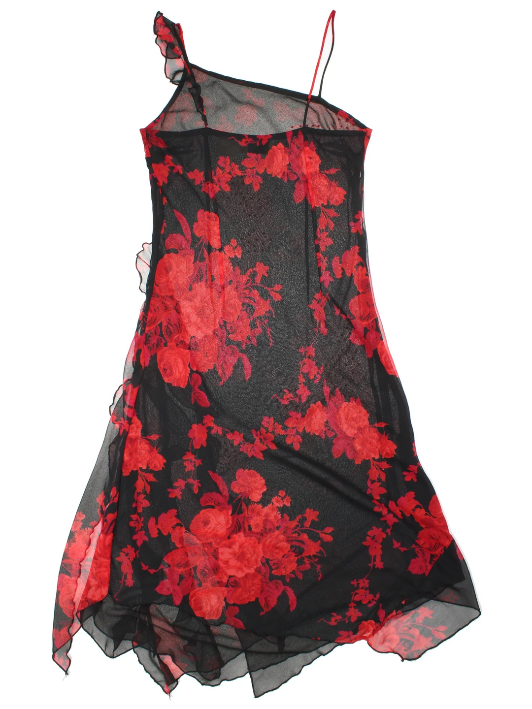 Vintage Y2K Floral Maxi Dress in black/red colourway, with asymmetrical
 hemline and sheer printed overlay.