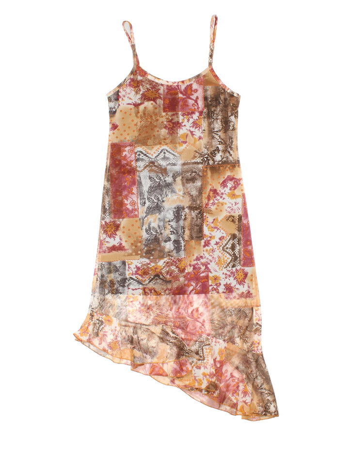 Vintage Y2K Asymmetrical Dress in orange/brown colourway, with frill hemline and sheer printed overlay.