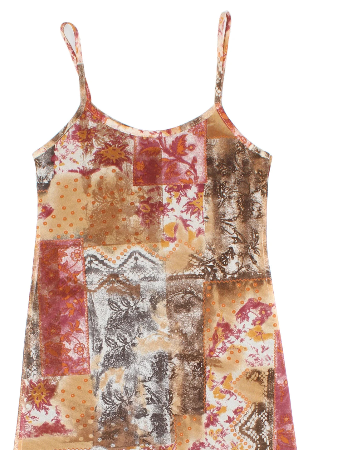 Vintage Y2K Asymmetrical Dress in orange/brown colourway, with frill hemline and sheer printed overlay.