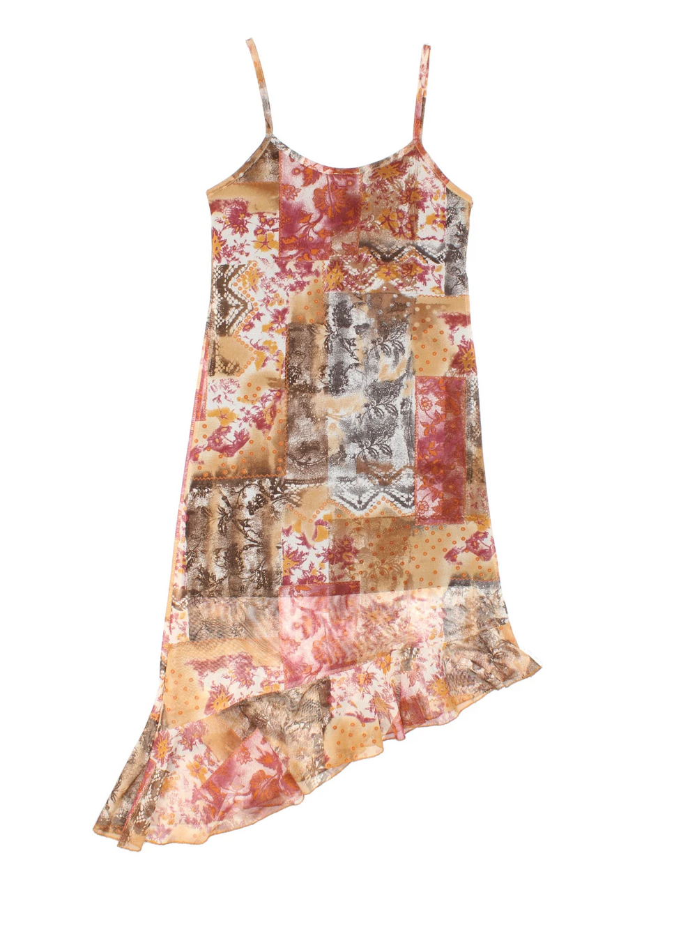 Vintage Y2K Asymmetrical Dress in orange/brown colourway, with frill hemline and sheer printed overlay.