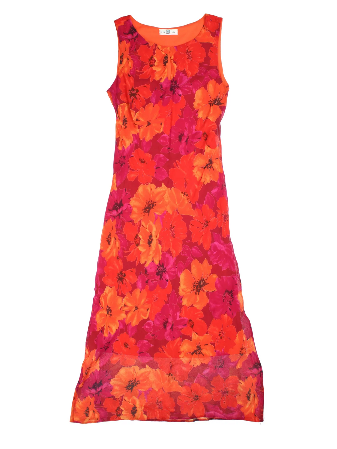 Y2K New Look Floral Maxi Dress in orange/pink colourway. Key hole neckline with sheer overlay.