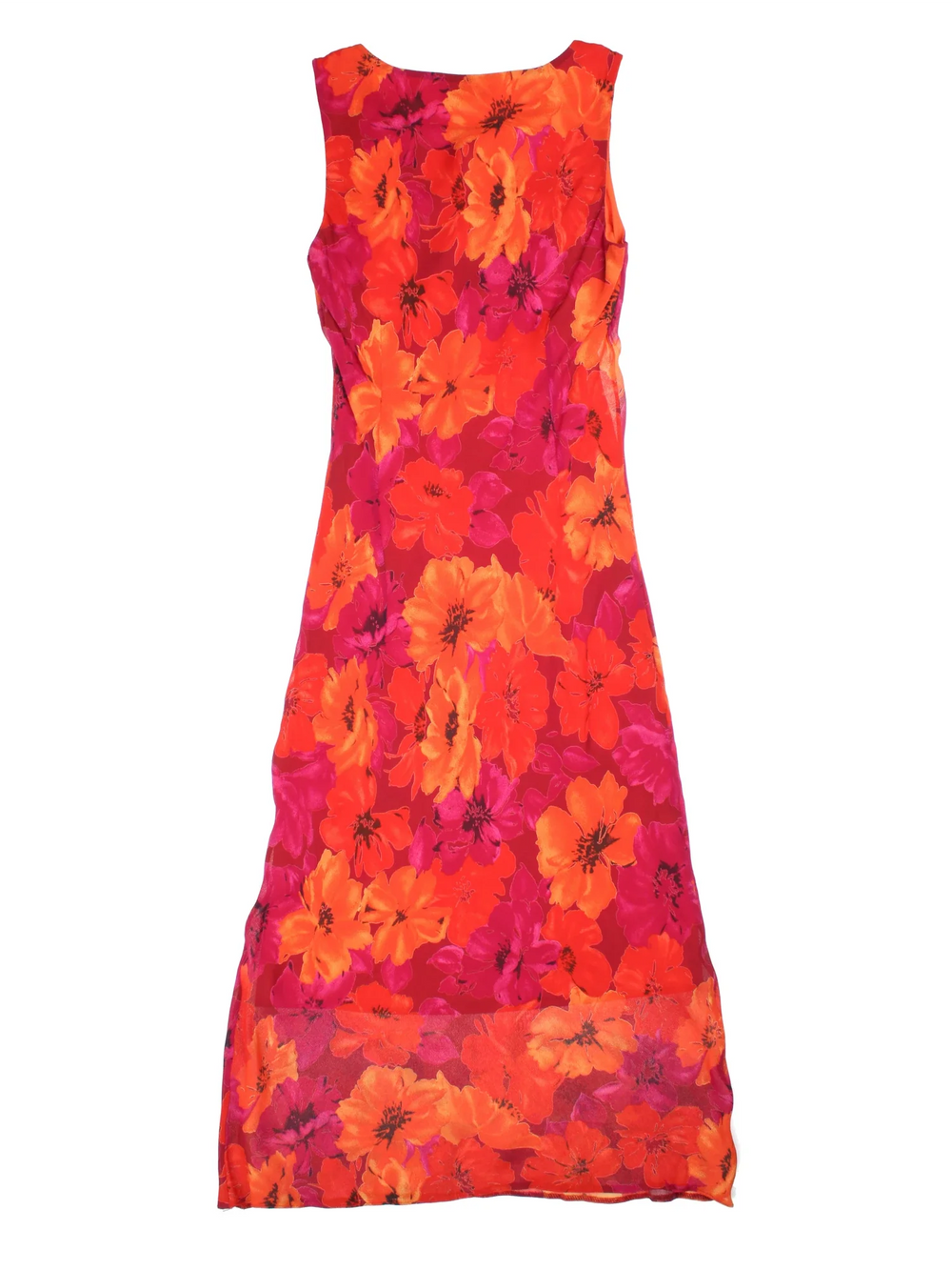 Y2K New Look Floral Maxi Dress in orange/pink colourway. Key hole neckline with sheer overlay.