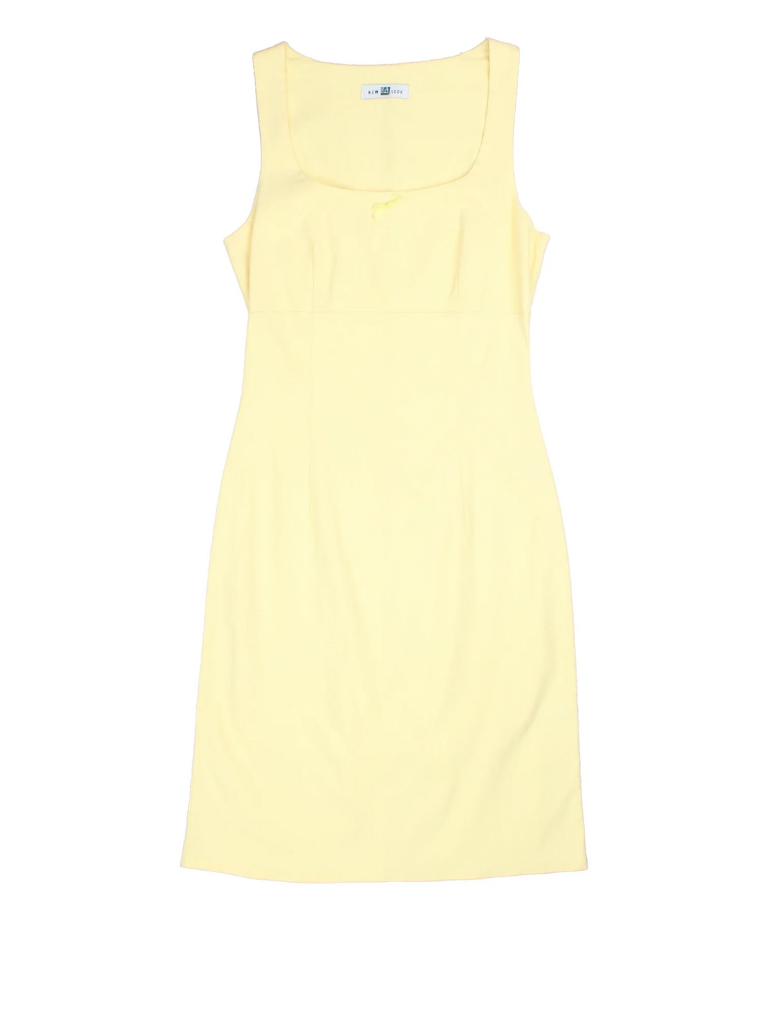 Y2K New Look Midi Dress in yellow colourway. Scoop neckline with bow detail and darted seems.