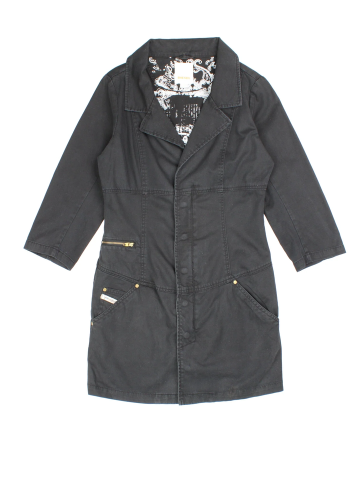 Y2K Diesel Shirt Dress in black colourway. Zip up fastening with multiple pockets and embroidered branding.