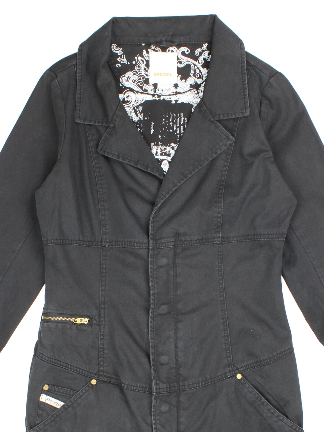 Y2K Diesel Shirt Dress in black colourway. Zip up fastening with multiple pockets and embroidered branding.