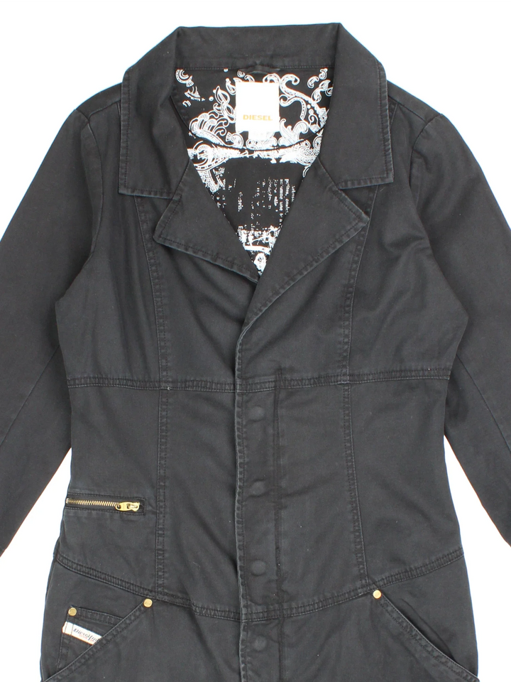 Y2K Diesel Shirt Dress in black colourway. Zip up fastening with multiple pockets and embroidered branding.