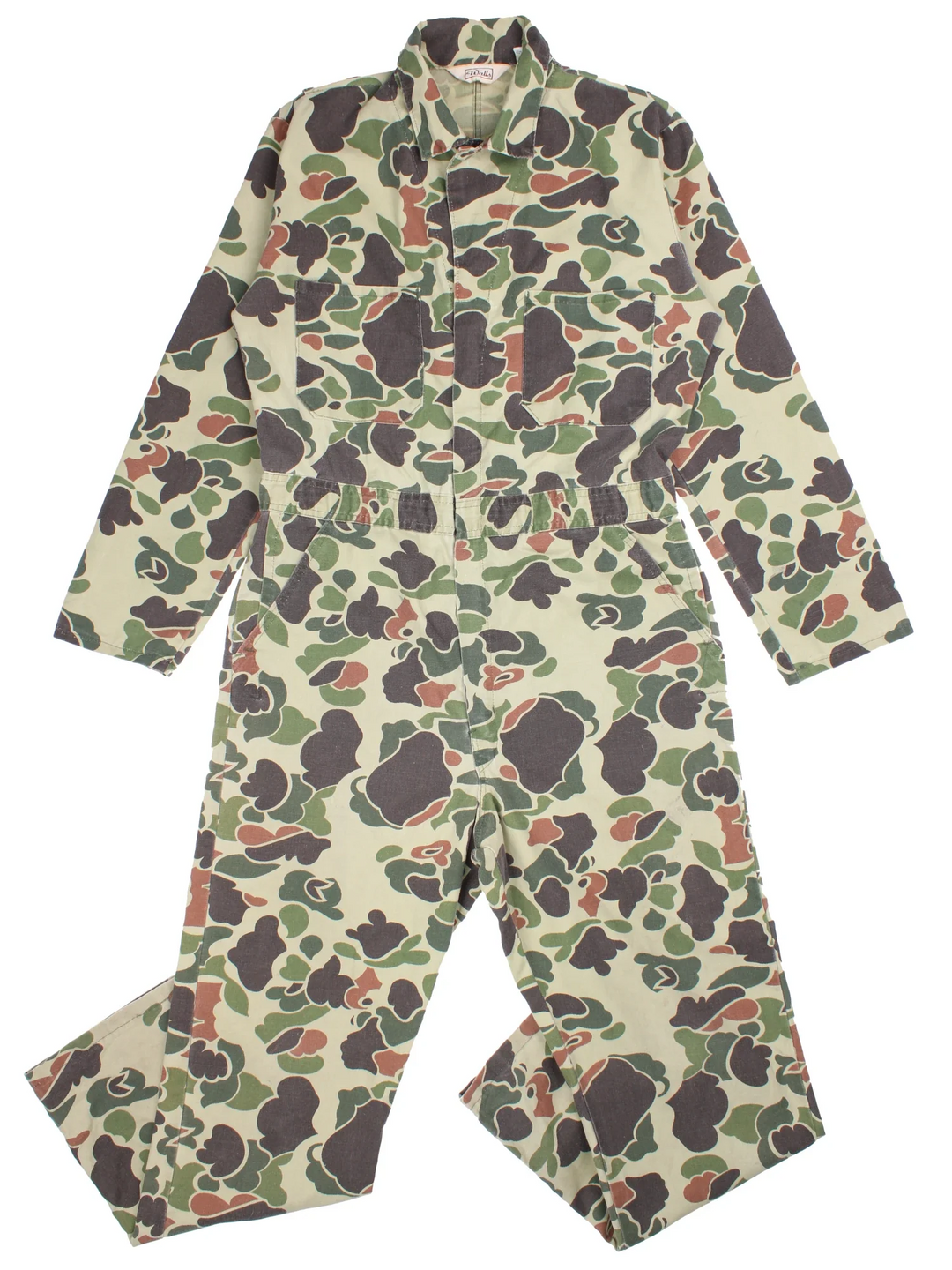 Vintage Walls Camo Overalls in a green and brown colourway with multiple pockets and button up collar.