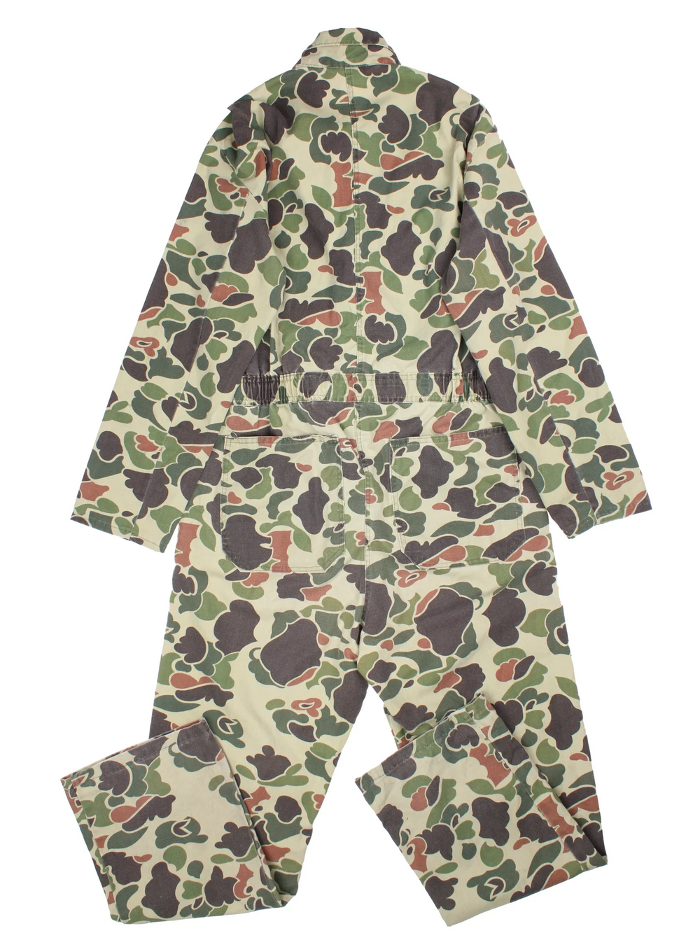 Vintage Walls Camo Overalls in a green and brown colourway with multiple pockets and button up collar.