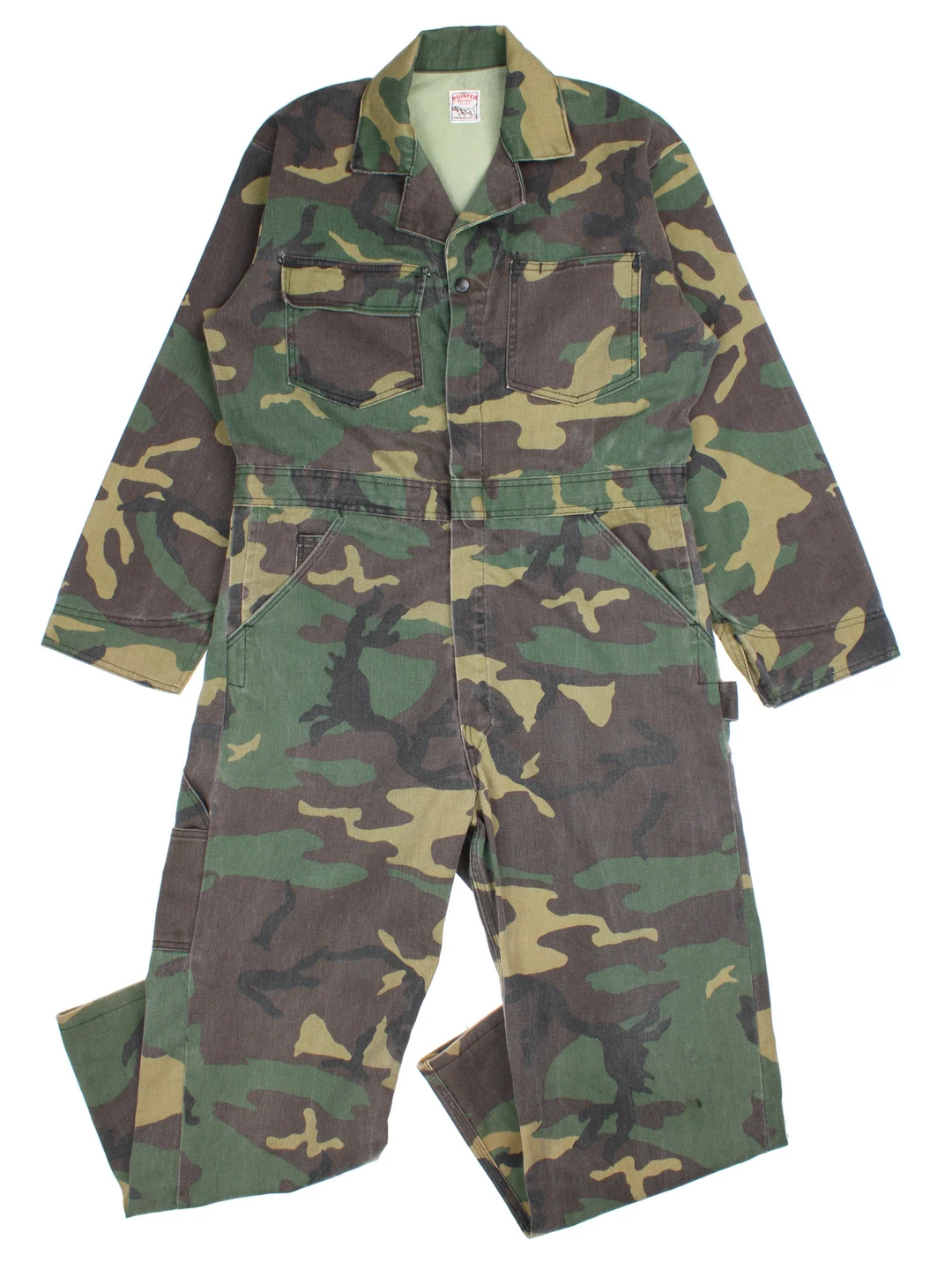 Vintage Pointer Brand Camo Overalls in green and brown colourway with multiple pockets and a button up collar.