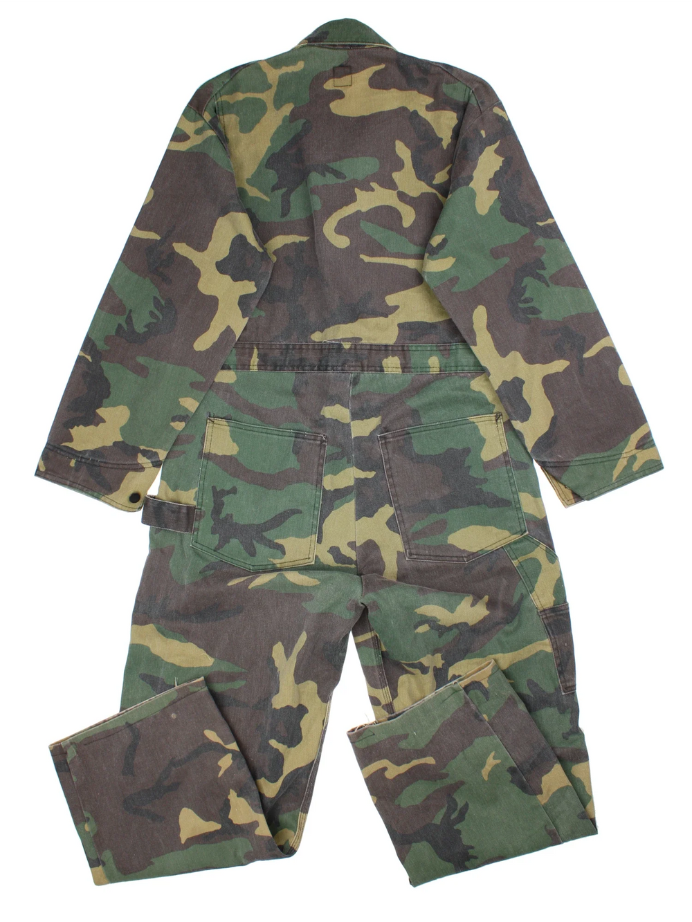 Vintage Pointer Brand Camo Overalls in green and brown colourway with multiple pockets and a button up collar.