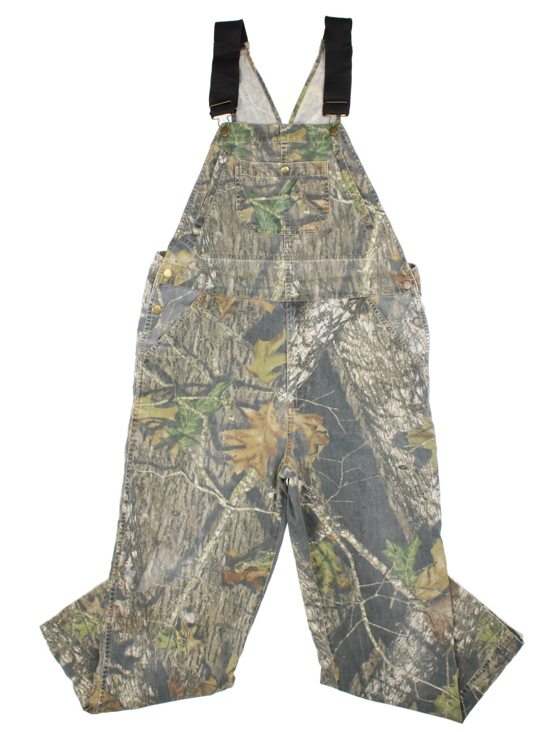 Vintage Forest Camo Dungarees in a green and brown colourway with multiple pockets, and adjustable straps.