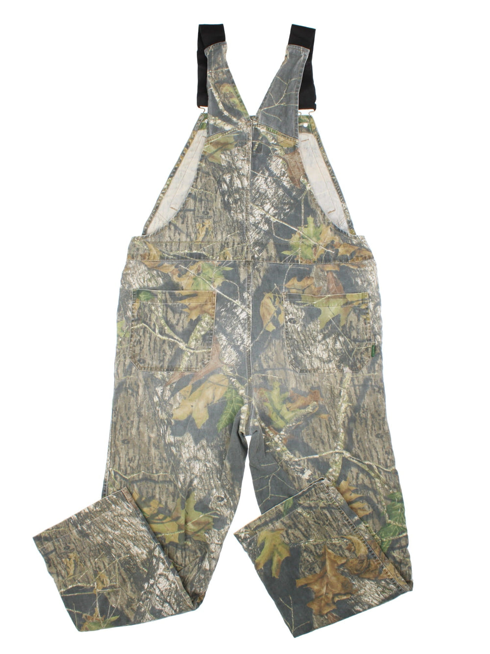 Vintage Forest Camo Dungarees in a green and brown colourway with multiple pockets, and adjustable straps.