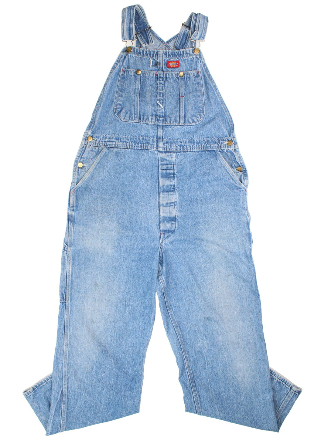 Dickies Dungarees in blue colourway with multiple pockets, adjustable straps, and has the logo embroidered on the front.