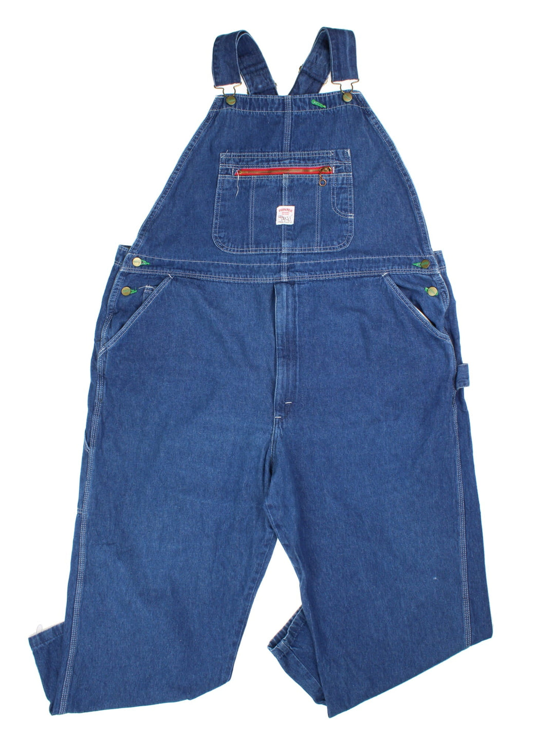 Vintage Pointer Dungarees in blue colourway with multiple pockets, adjustable straps, and the logo embroidered on the front.