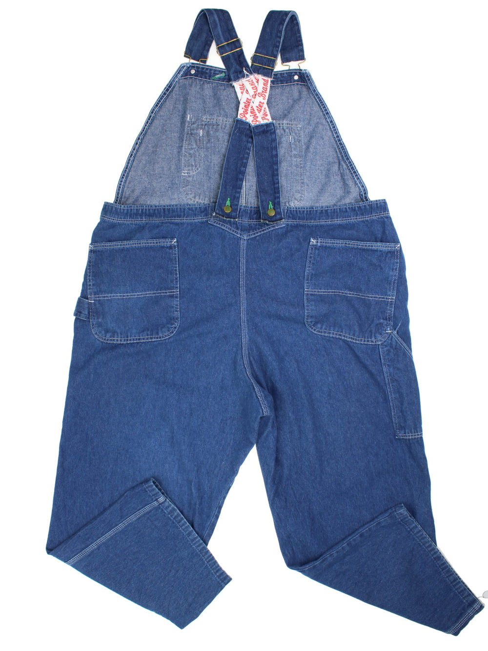 Vintage Pointer Dungarees in blue colourway with multiple pockets, adjustable straps, and the logo embroidered on the front.