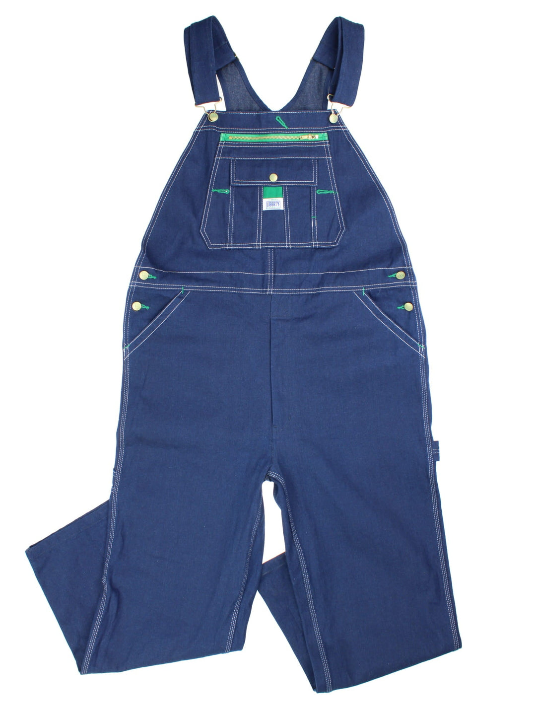 Vintage Liberty Dungarees in blue colourway with multiple pockets, adjustable straps, and the logo embroidered on the front.