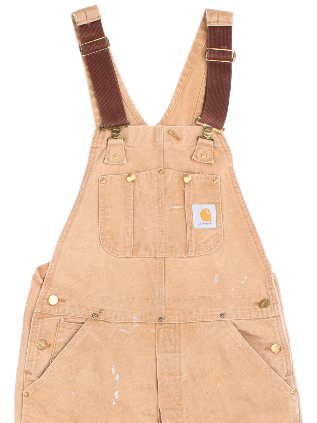 Carhartt Dungarees in tan colourway with multiple pockets, adjustable straps and the logo embroidered on the front.