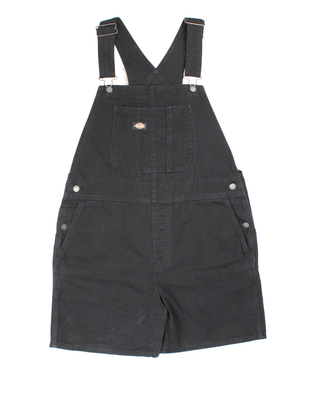 Dickies Short Dungarees in black colourway with multiple pockets, adjustable straps and the logo embroidered on the front/back.