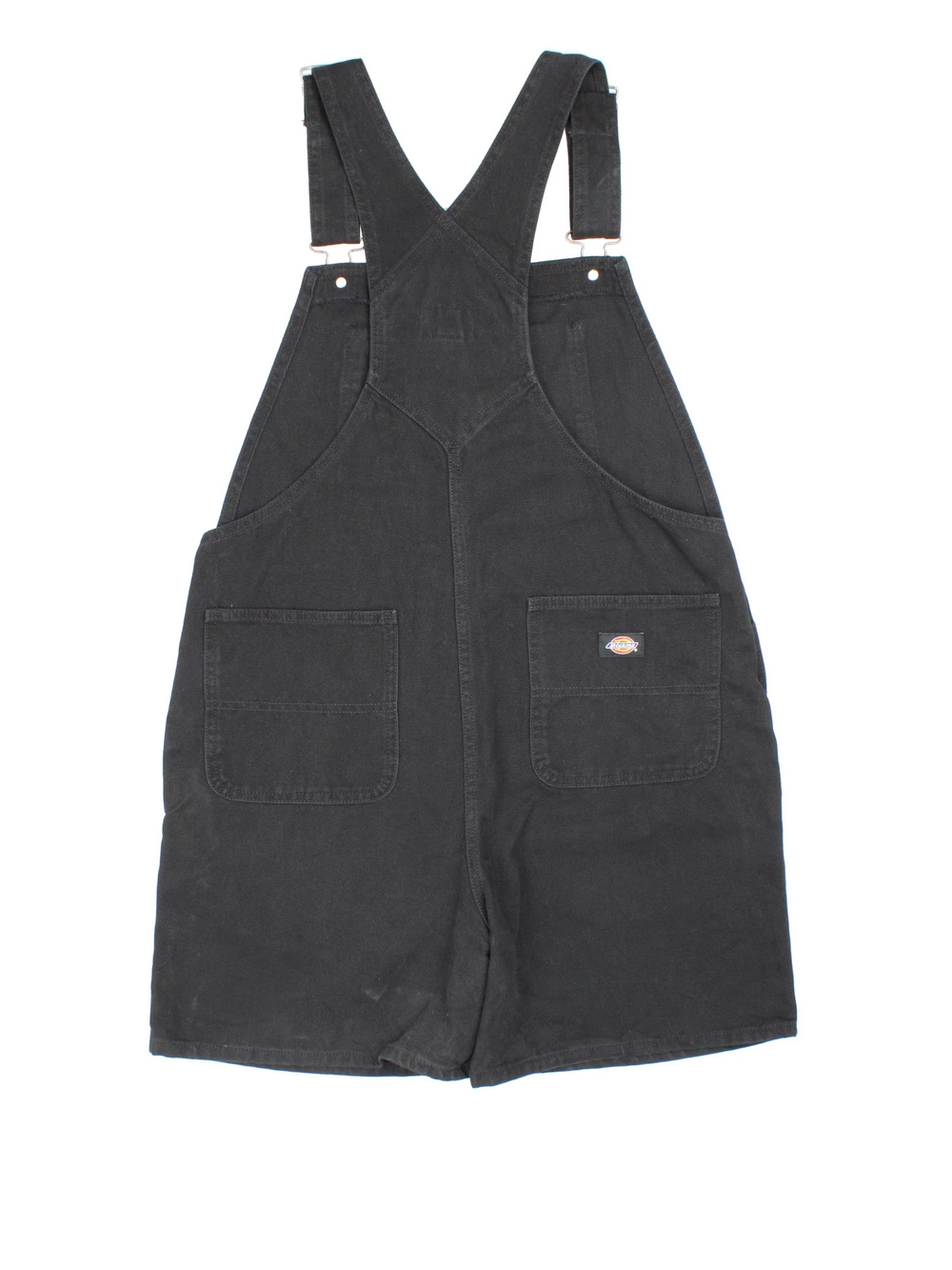 Dickies Short Dungarees in black colourway with multiple pockets, adjustable straps and the logo embroidered on the front/back.