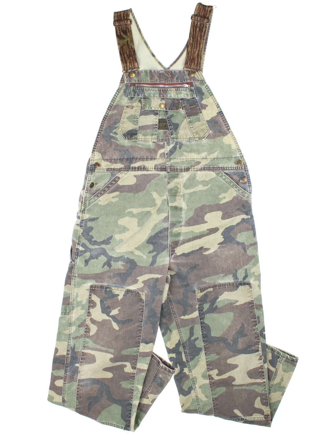 Vintage Liberty Camo Dungarees in green colourway with multiple pockets, branded buttons and the logo embroidered on the front/back.
