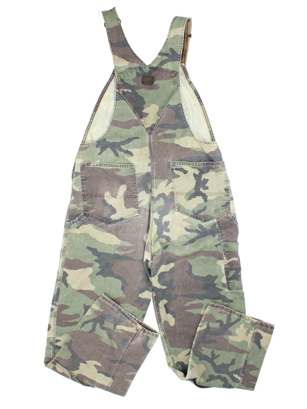 Vintage Liberty Camo Dungarees in green colourway with multiple pockets, branded buttons and the logo embroidered on the front/back.