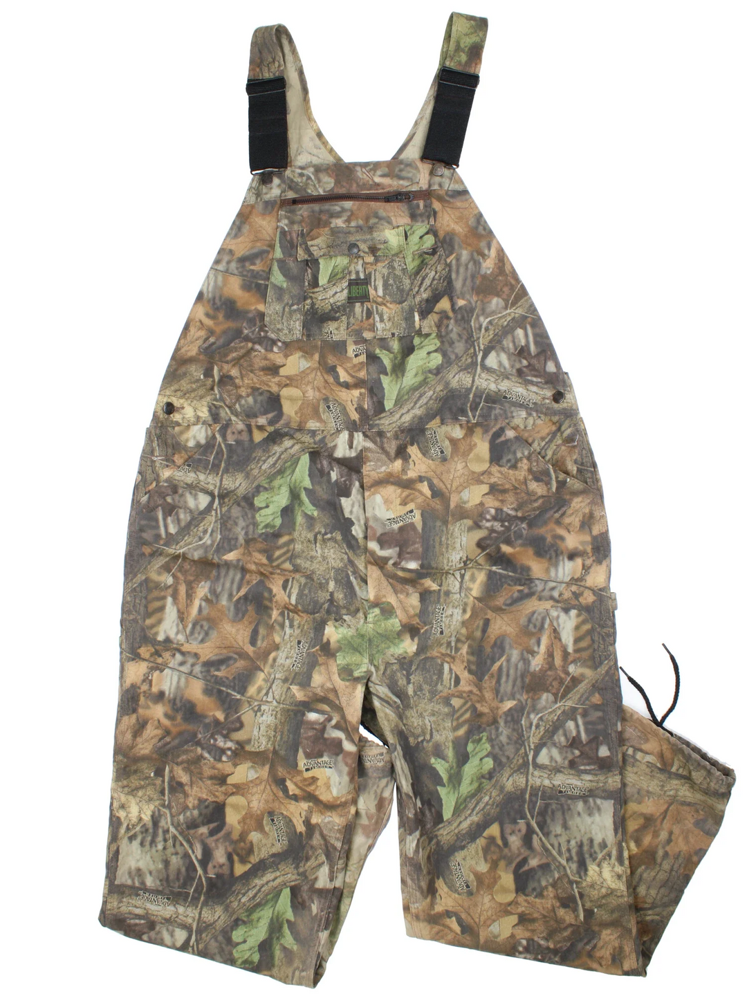 Vintage Liberty Camo Dungarees in green colourway with multiple pockets, branded buttons and the logo embroidered on the front/back.