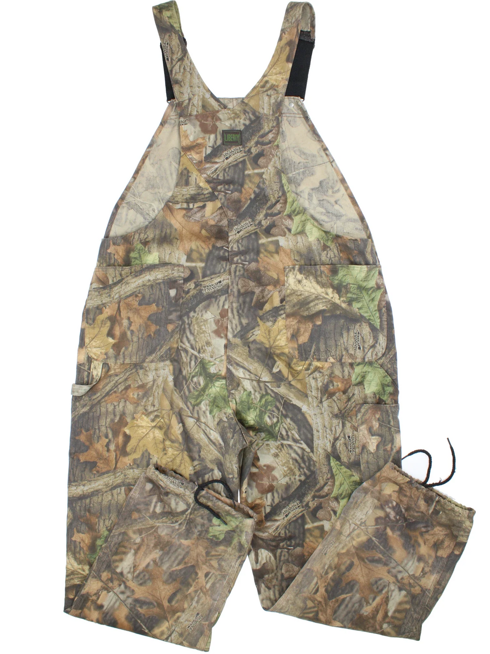 Vintage Liberty Camo Dungarees in green colourway with multiple pockets, branded buttons and the logo embroidered on the front/back.