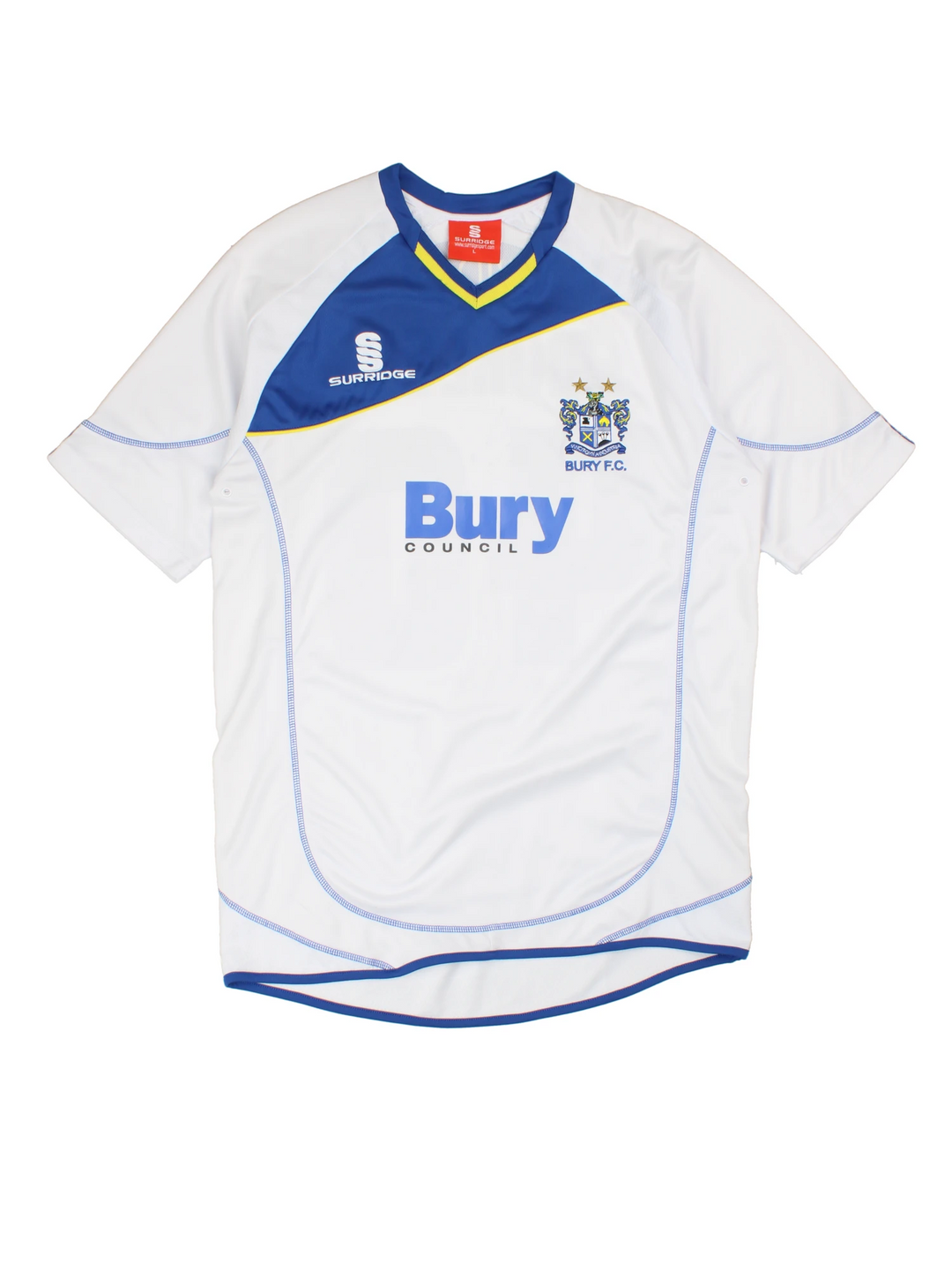 Vintage Bury FC 2012/13 Football Shirt in the white and blue home kit colourway, features embroidered logo and badge on the front, and on the back has Morley number 40 printed alongside team signatures.