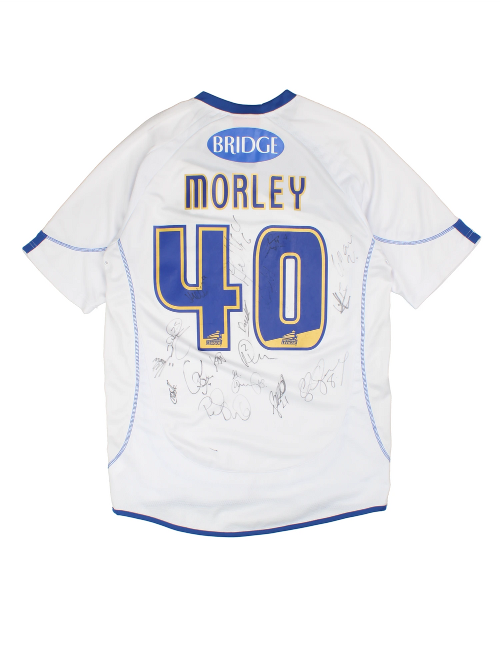 Vintage Bury FC 2012/13 Football Shirt in the white and blue home kit colourway, features embroidered logo and badge on the front, and on the back has Morley number 40 printed alongside team signatures.
