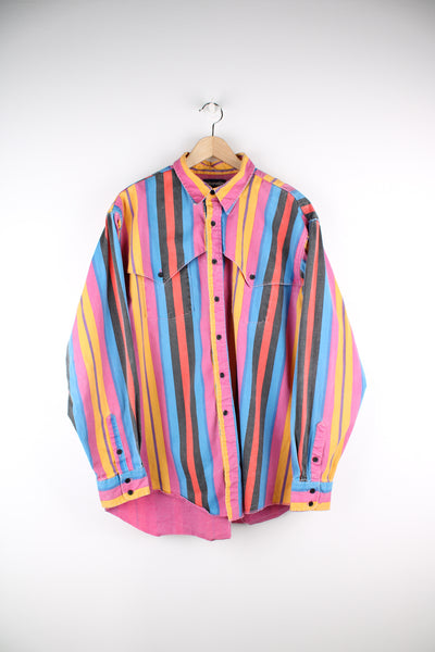 Vintage Wrangler blue, pink, purple, yellow and black striped faded denim shirt