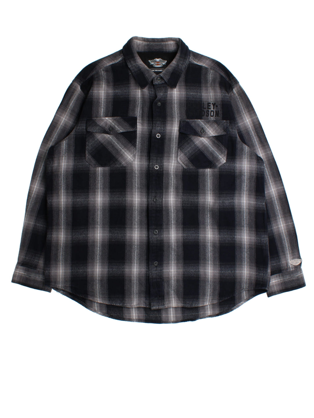 Harley-Davidson Flannel Shirt in a black checked colourway, button up with front patch pockets and embroidered branding.