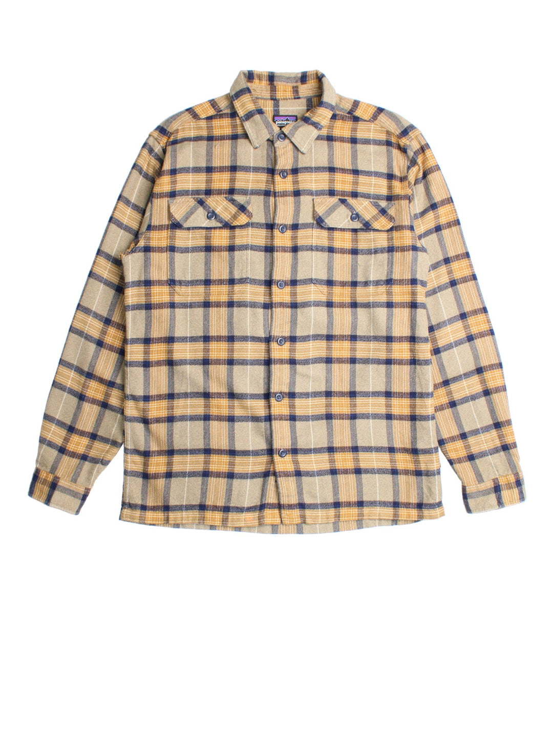 Patagonia Flannel Shirt in a yellow/grey checked colourway, button up with front pocket and embroidered tab branding.